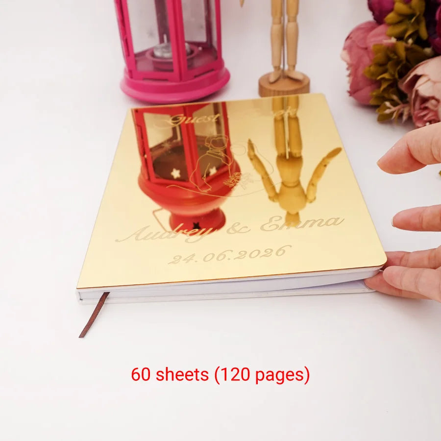 Custom Acrylic Mirror Cover Wedding Book Simplified Drawing Style Signature Guest Book Personalized Party Decor Favor