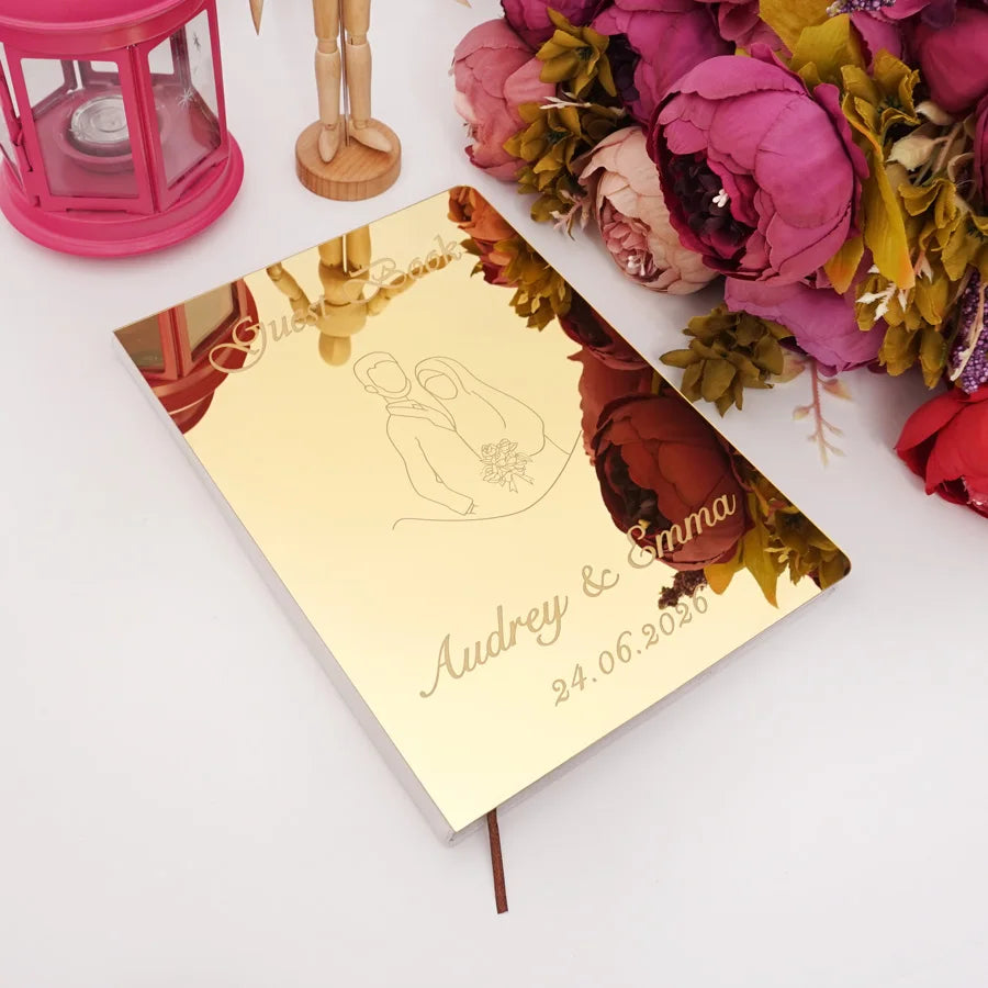 Custom Acrylic Mirror Cover Wedding Book Simplified Drawing Style Signature Guest Book Personalized Party Decor Favor
