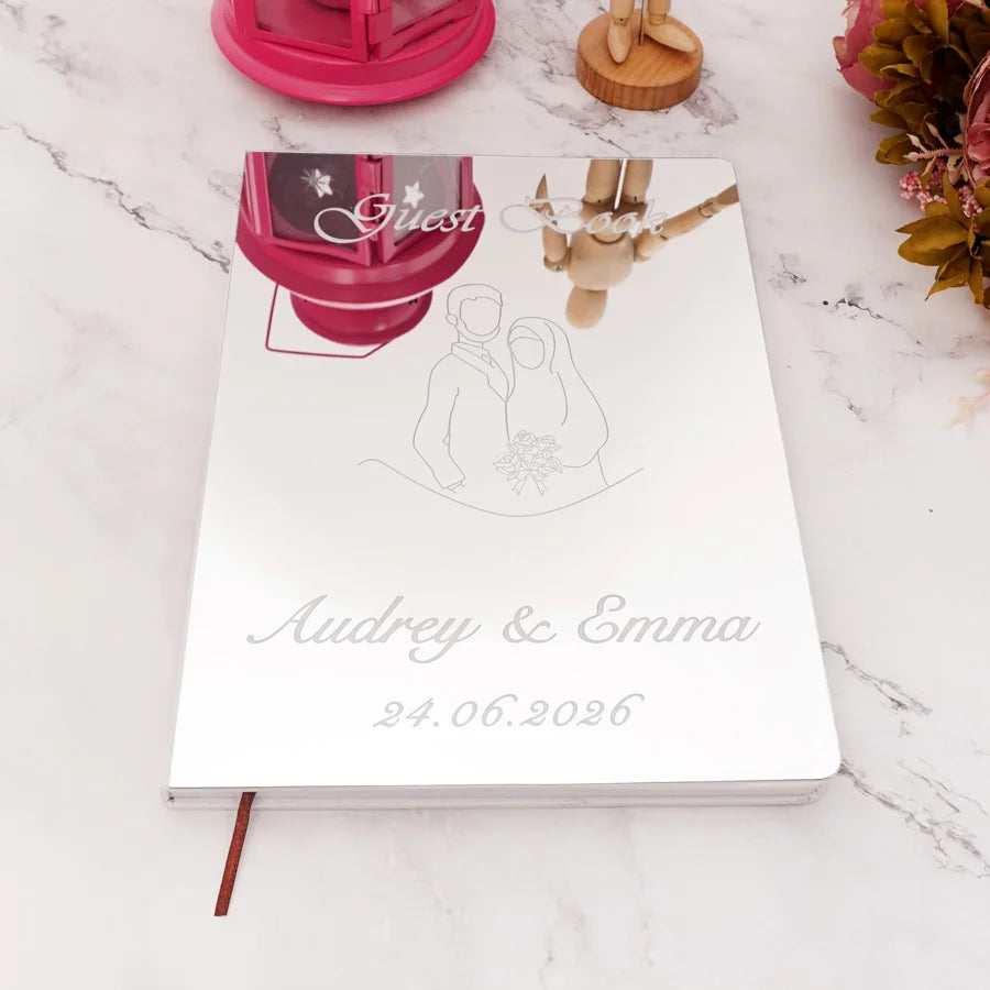 Custom Acrylic Mirror Cover Wedding Book Simplified Drawing Style Signature Guest Book Personalized Party Decor Favor