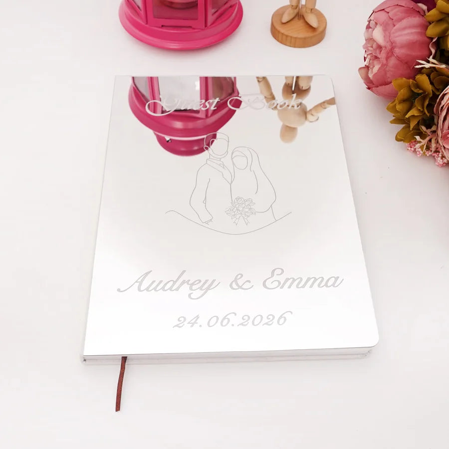 Custom Acrylic Mirror Cover Wedding Book Simplified Drawing Style Signature Guest Book Personalized Party Decor Favor