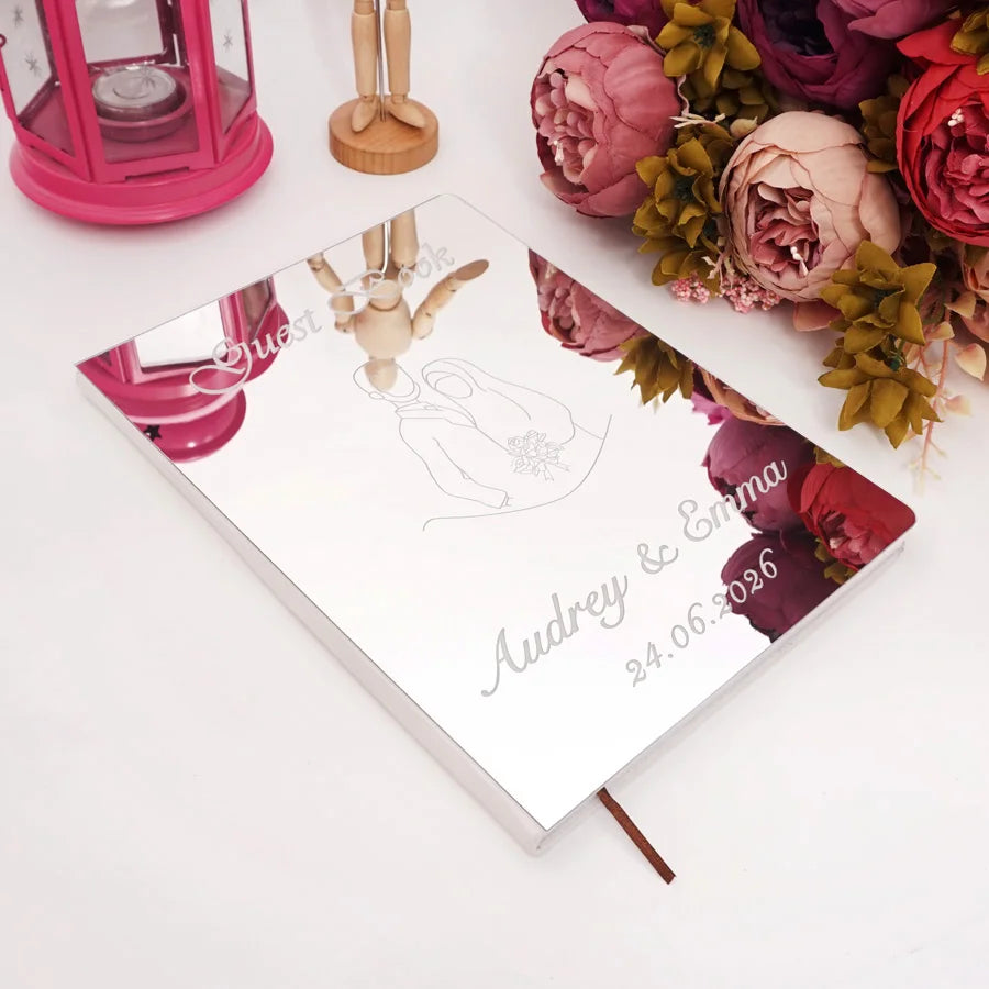 Custom Acrylic Mirror Cover Wedding Book Simplified Drawing Style Signature Guest Book Personalized Party Decor Favor