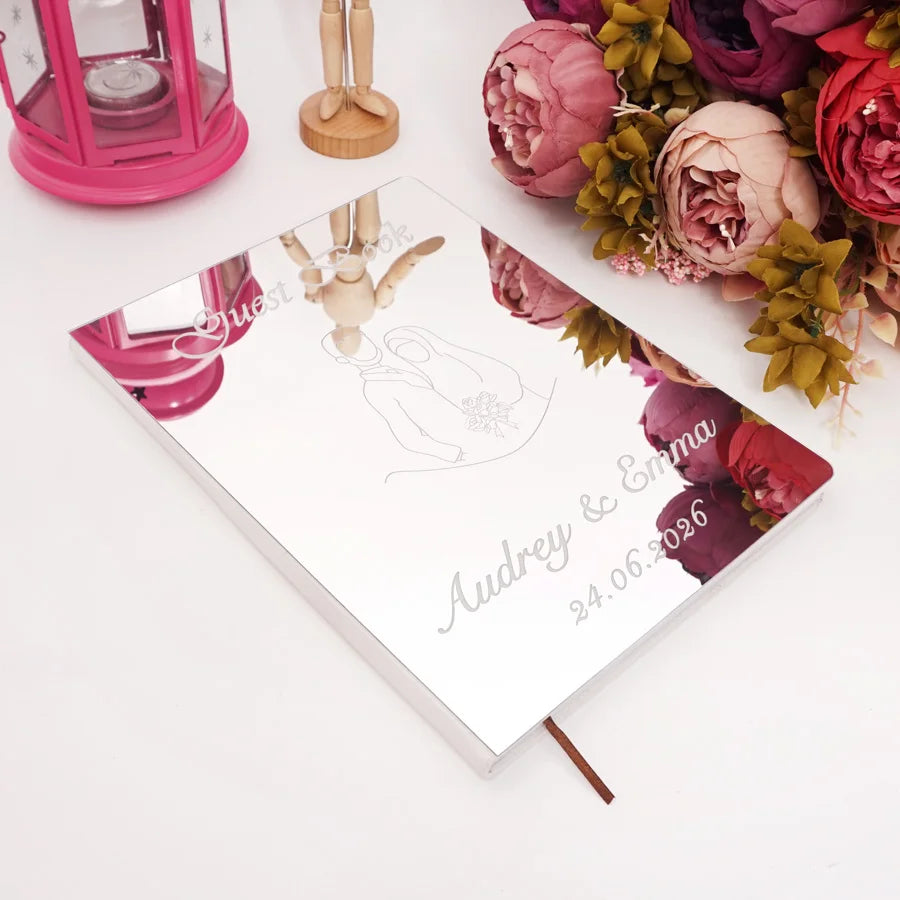 Custom Acrylic Mirror Cover Wedding Book Simplified Drawing Style Signature Guest Book Personalized Party Decor Favor