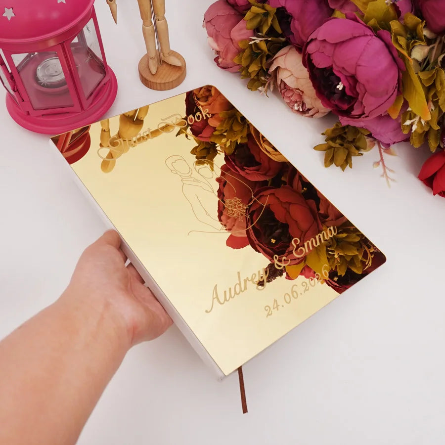 Custom Acrylic Mirror Cover Wedding Book Simplified Drawing Style Signature Guest Book Personalized Party Decor Favor