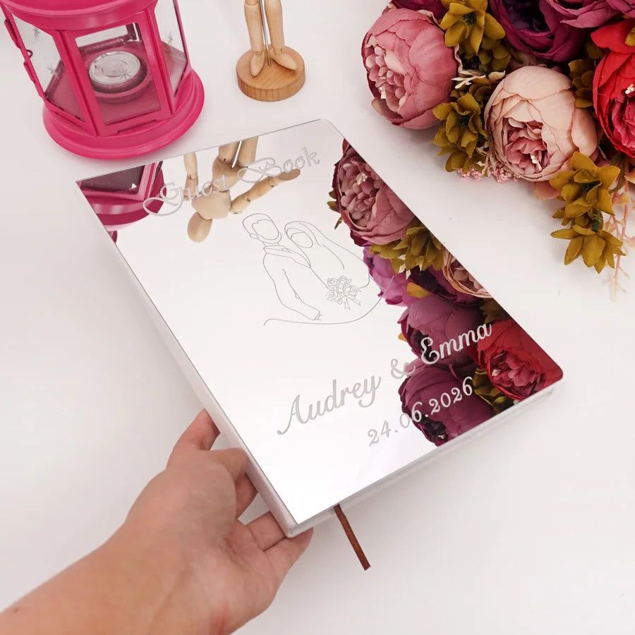 Custom Acrylic Mirror Cover Wedding Book Simplified Drawing Style Signature Guest Book Personalized Party Decor Favor