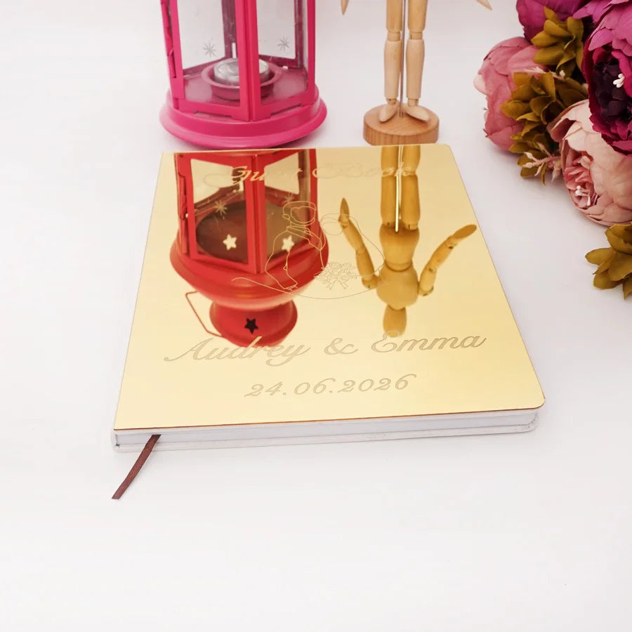 Custom Acrylic Mirror Cover Wedding Book Simplified Drawing Style Signature Guest Book Personalized Party Decor Favor