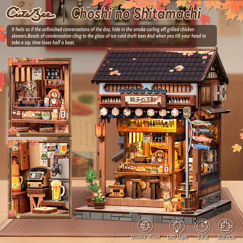 Cutebee DIY Book Nook Kit Miniature Dollhouse Bookshelf Insert Wooden Bookend 3D Building Model for Kid Gifts Japanese Style
