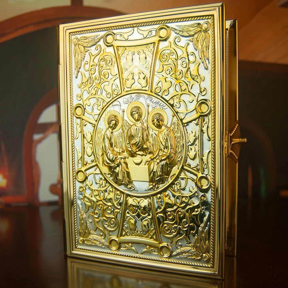 HTISOK 9.6" Orthodox Gospel Book Cover Gold Plated Enamel Trinity Icon Decorative Liturgical Orthodox Church Gospel Book Cover