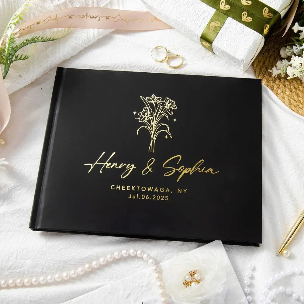 Personalized Wedding Guest Book Elegant White/Black Guest Sign Memory Book Anniversary Party Decoration on Table Photo Album