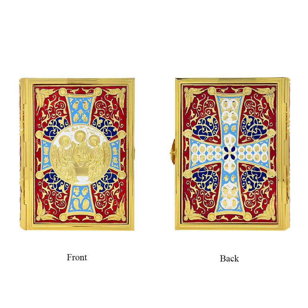 HTISOK 9.6" Orthodox Gospel Book Cover Gold Plated Enamel Trinity Icon Decorative Liturgical Orthodox Church Gospel Book Cover