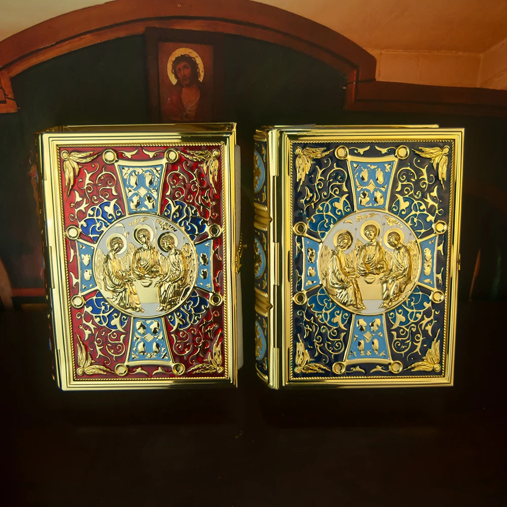 HTISOK 9.6" Orthodox Gospel Book Cover Gold Plated Enamel Trinity Icon Decorative Liturgical Orthodox Church Gospel Book Cover