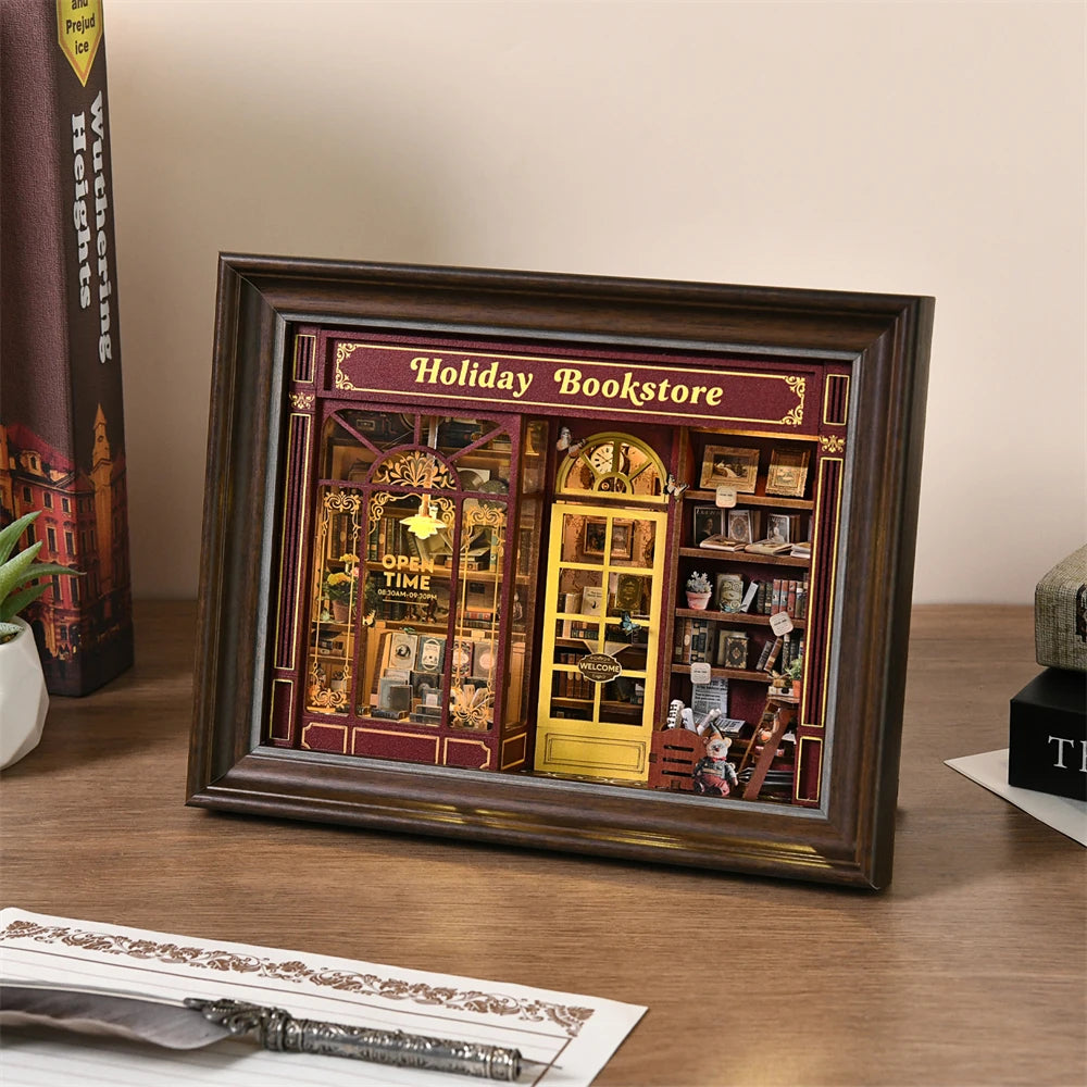 Book Nook Kit Holiday Bookstore DIY 3D Wooden Puzzle Dollhouse Photo frame ornament Model Bookend Building Home Decoration