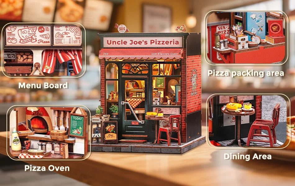 CUTEBEE Book Nook Kit DIY Doll House with LED Light Bookshelf Insert Uncle Joe's Pizzeria Miniature Model For Party Family Gift