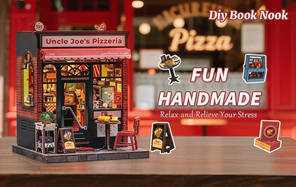CUTEBEE Book Nook Kit DIY Doll House with LED Light Bookshelf Insert Uncle Joe's Pizzeria Miniature Model For Party Family Gift