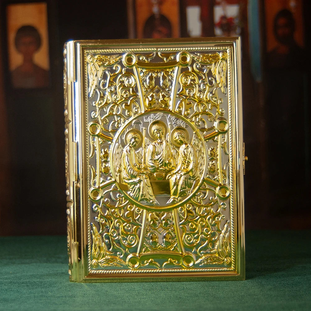 HTISOK 9.6" Orthodox Gospel Book Cover Gold Plated Enamel Trinity Icon Decorative Liturgical Orthodox Church Gospel Book Cover
