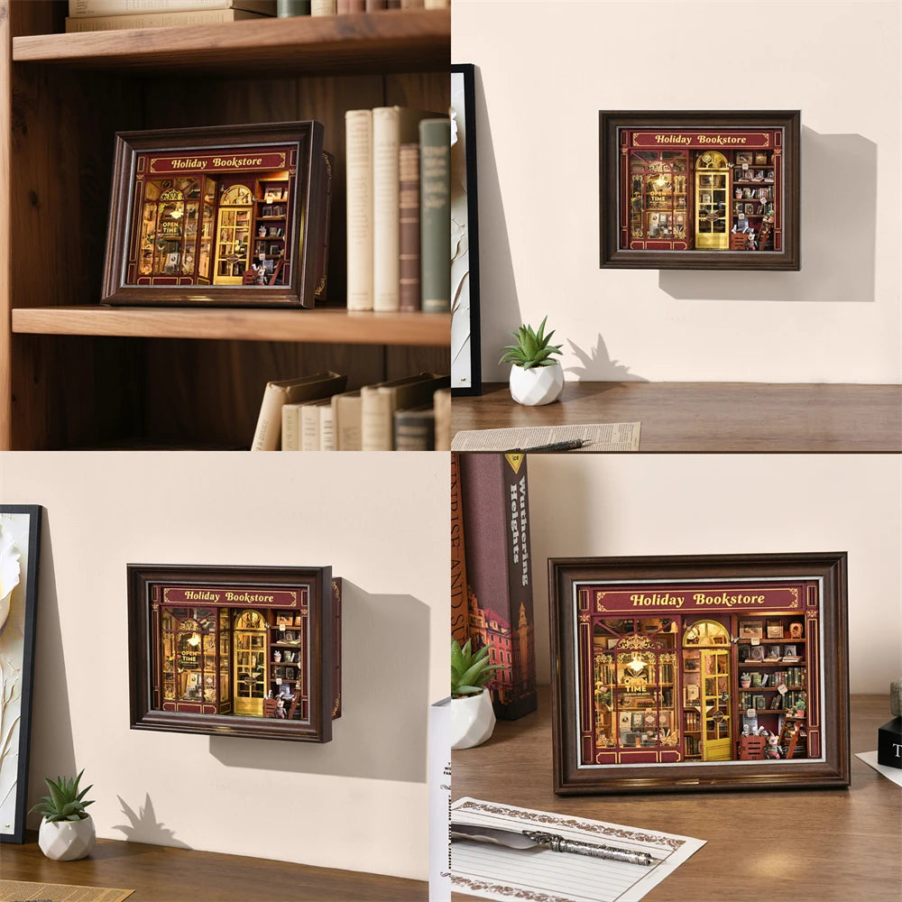 Book Nook Kit Holiday Bookstore DIY 3D Wooden Puzzle Dollhouse Photo frame ornament Model Bookend Building Home Decoration