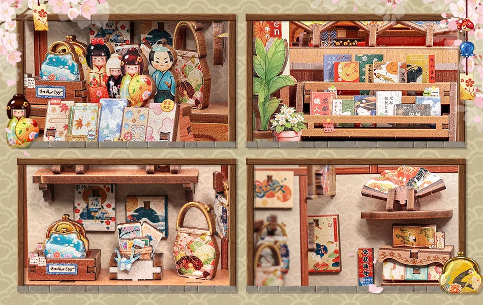 Cutebee DIY Book Nook Kit Miniature Dollhouse Bookshelf Insert Wooden Bookend 3D Building Model for Kid Gifts Japanese Style