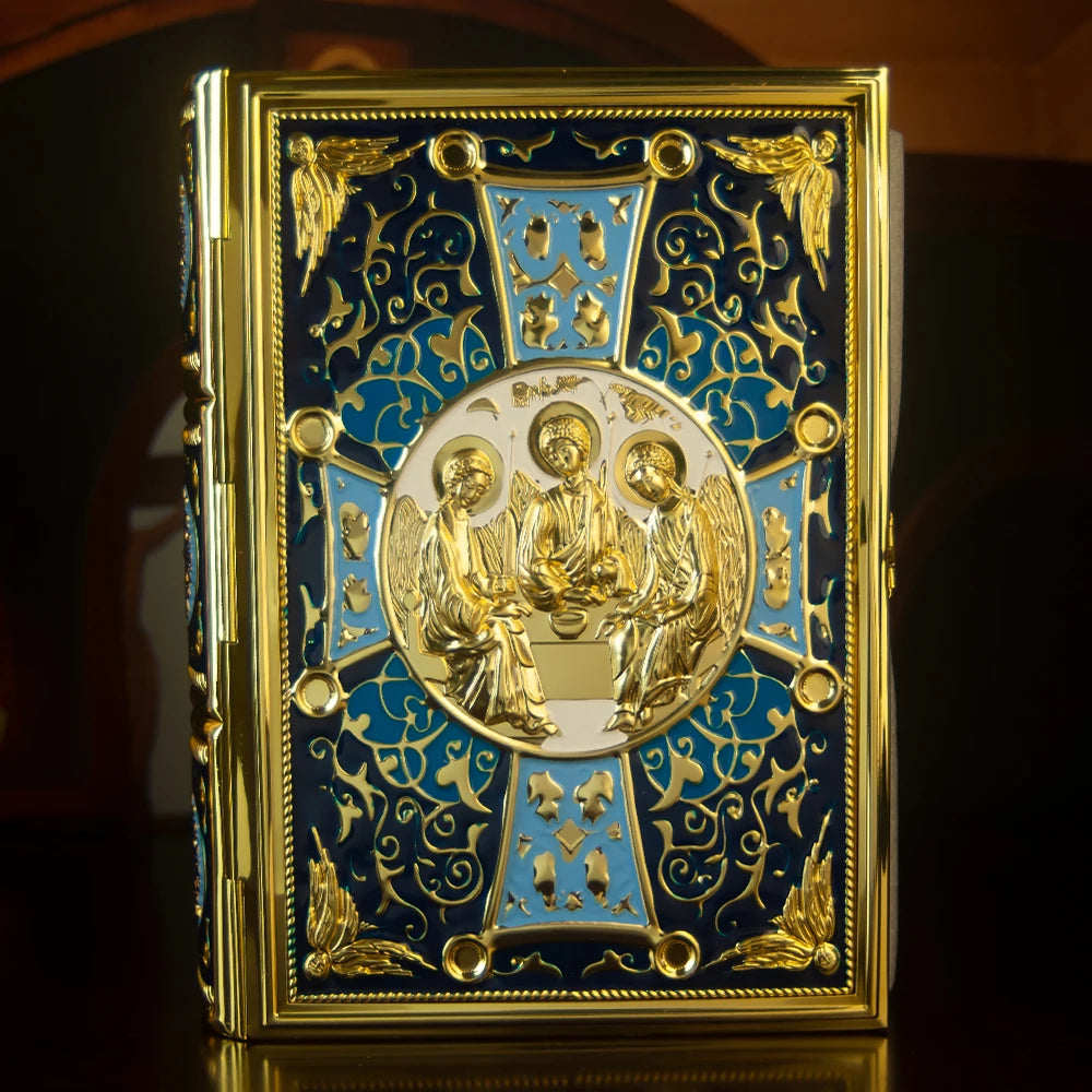 HTISOK 9.6" Orthodox Gospel Book Cover Gold Plated Enamel Trinity Icon Decorative Liturgical Orthodox Church Gospel Book Cover