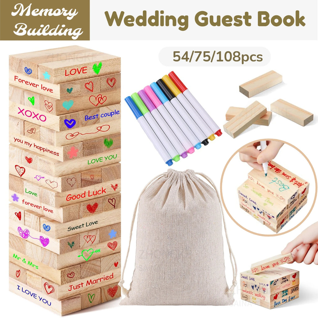 54-108pcs Wedding Guest Book Alternative Wooden Blocks Wedding Books for Guests to Sign Baby Shower Game Wedding Registry Ideas