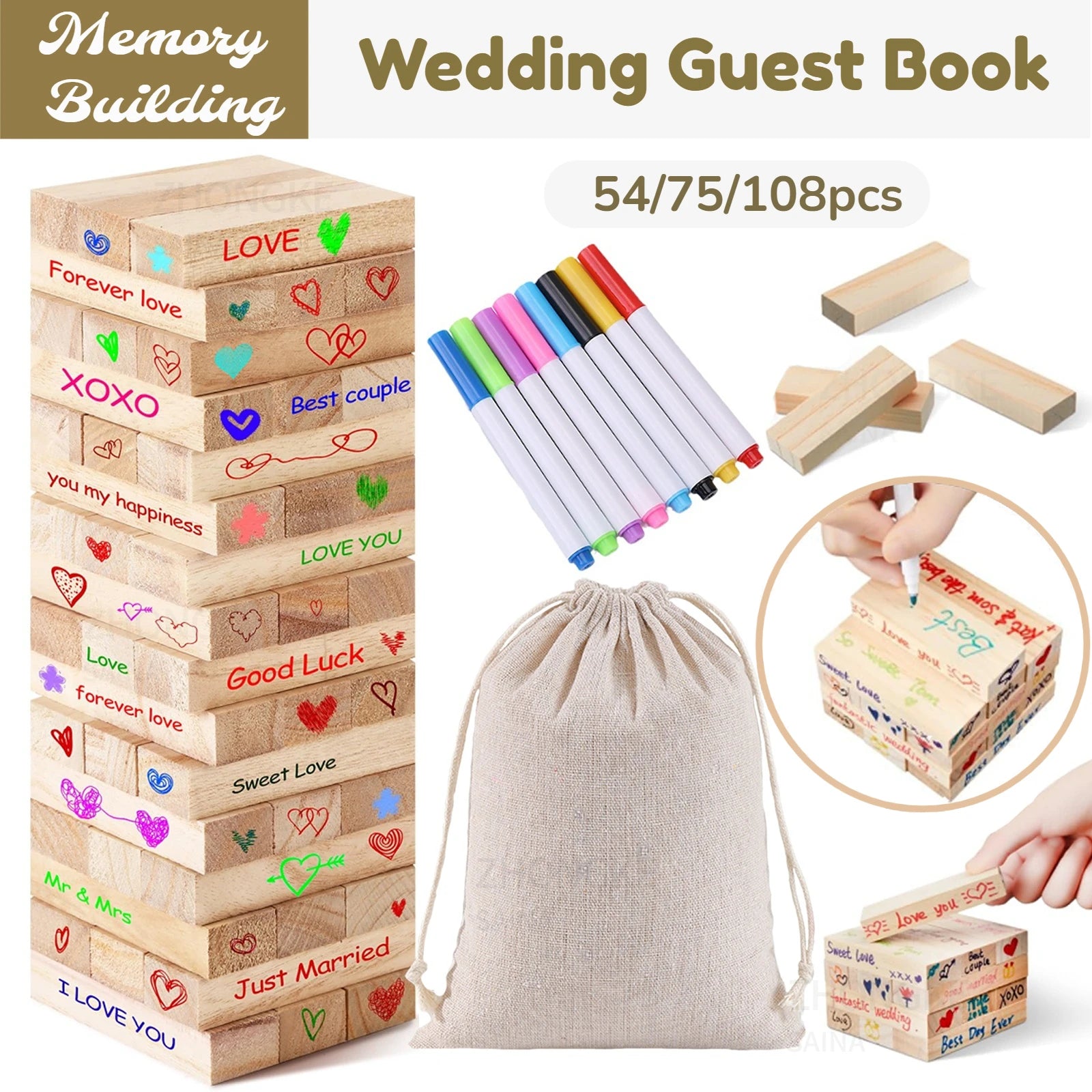 54-108pcs Wedding Guest Book Alternative Wooden Blocks Wedding Books for Guests to Sign Baby Shower Game Wedding Registry Ideas