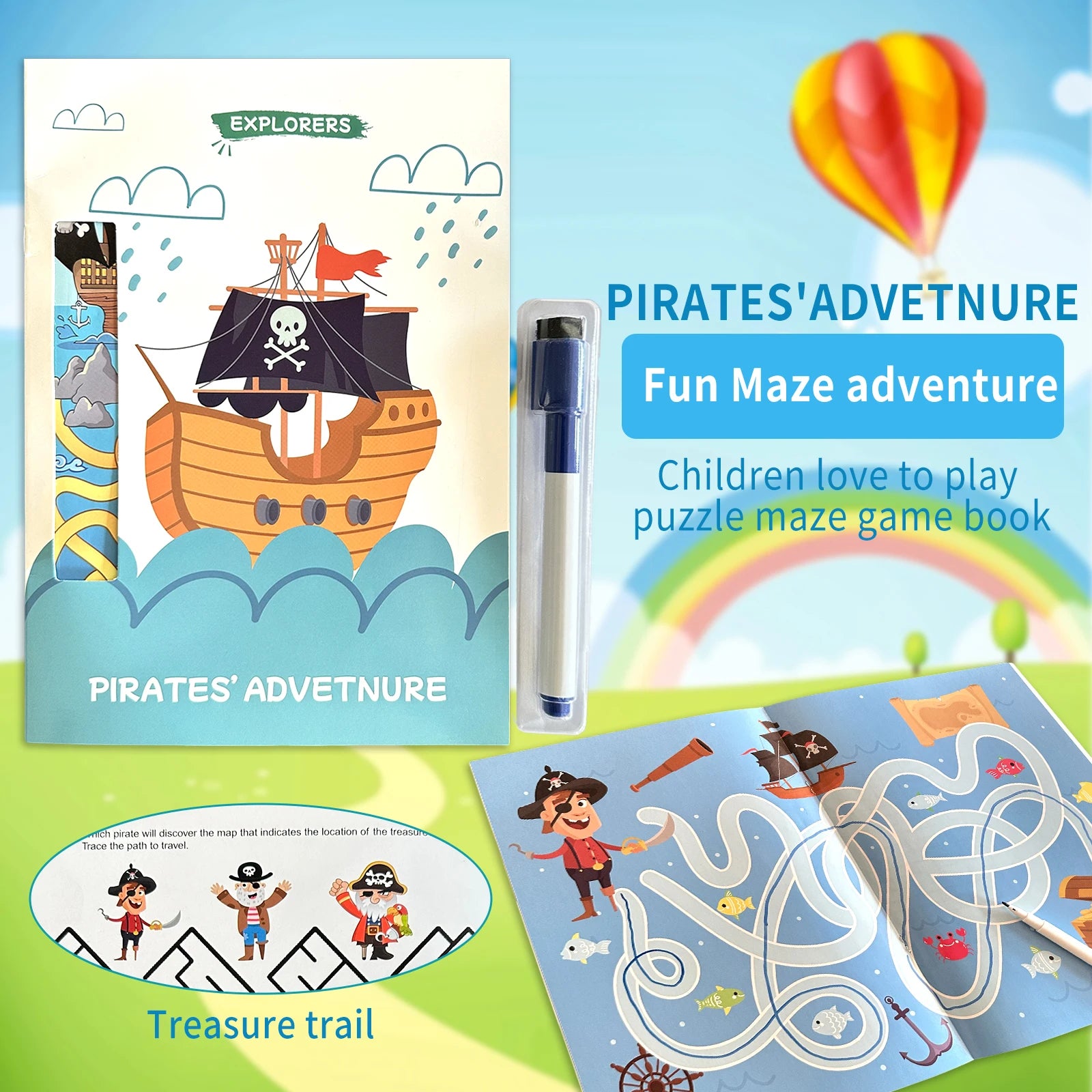 English Children's Puzzle Book 3-6 years old Intelligence Training Help the Pirates Find the Treasure With Erasable Pen Gift