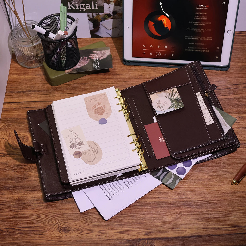 BURXXONG A5 Organizer Minerva Box Genuine Leather Journal Notebook,Stalogy Rings Planner Notebook with 30MM Binder Agenda Diary