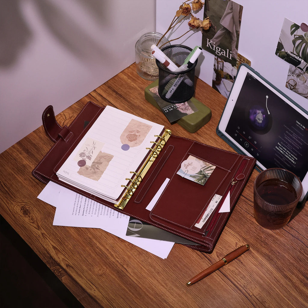 BURXXONG A5 Organizer Minerva Box Genuine Leather Journal Notebook,Stalogy Rings Planner Notebook with 30MM Binder Agenda Diary