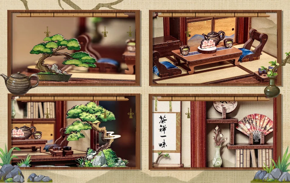 Cutebee DIY Book Nook Kit Miniature Dollhouse Bookshelf Insert Wooden Bookend 3D Building Model for Kid Gifts Japanese Style