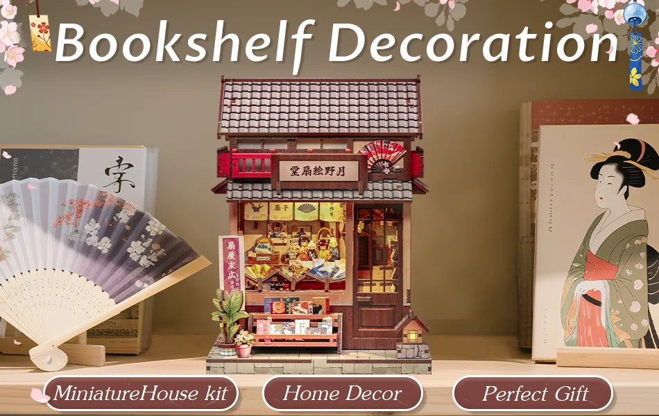 Cutebee DIY Book Nook Kit Miniature Dollhouse Bookshelf Insert Wooden Bookend 3D Building Model for Kid Gifts Japanese Style