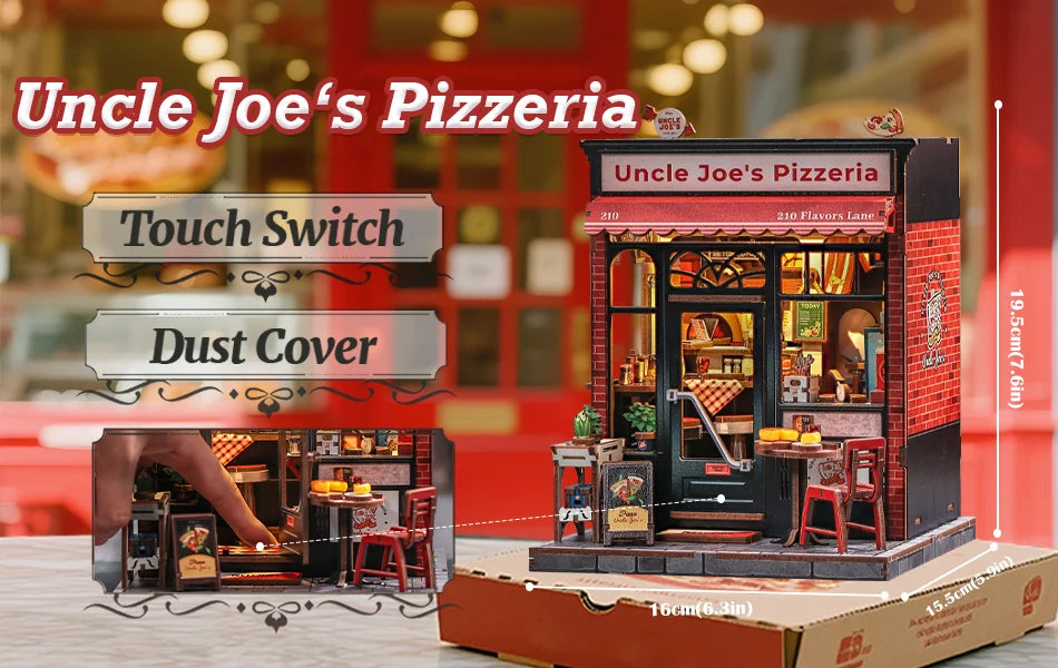 CUTEBEE Book Nook Kit DIY Doll House with LED Light Bookshelf Insert Uncle Joe's Pizzeria Miniature Model For Party Family Gift