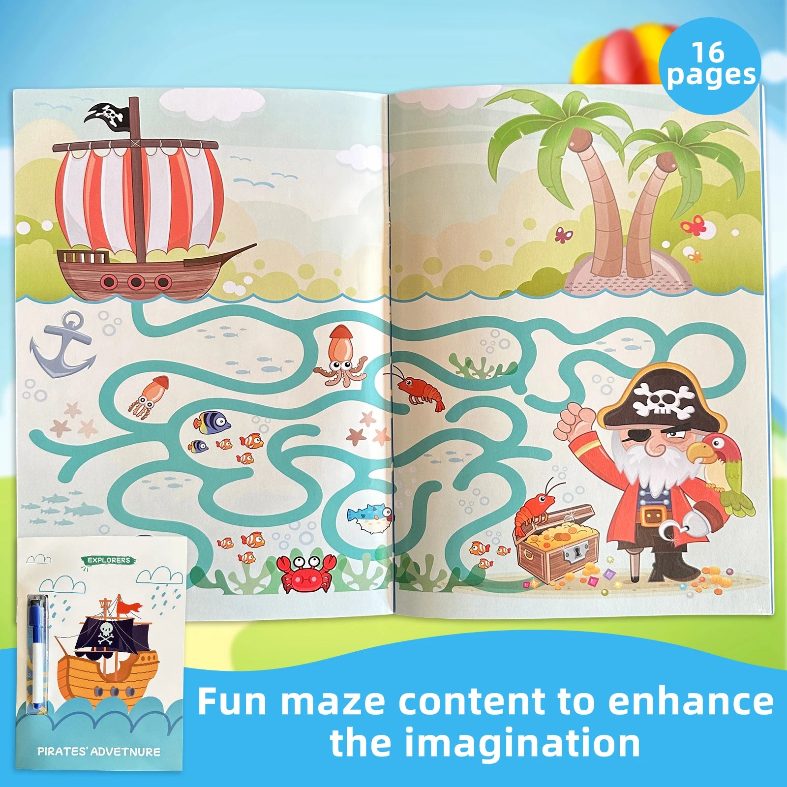 English Children's Puzzle Book 3-6 years old Intelligence Training Help the Pirates Find the Treasure With Erasable Pen Gift