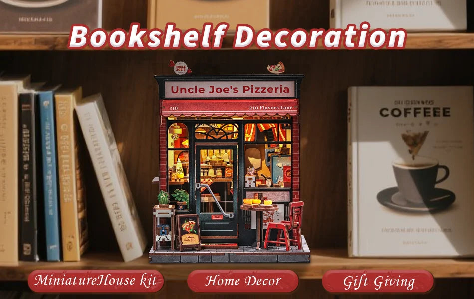 CUTEBEE Book Nook Kit DIY Doll House with LED Light Bookshelf Insert Uncle Joe's Pizzeria Miniature Model For Party Family Gift
