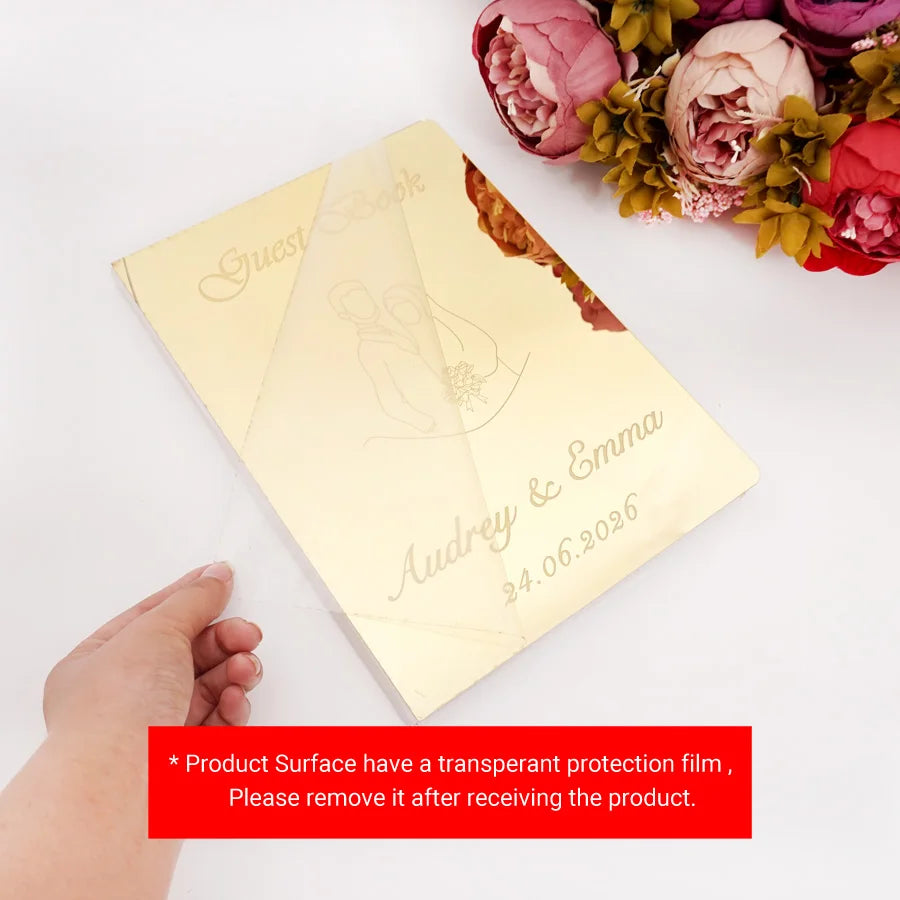 Custom Acrylic Mirror Cover Wedding Book Simplified Drawing Style Signature Guest Book Personalized Party Decor Favor