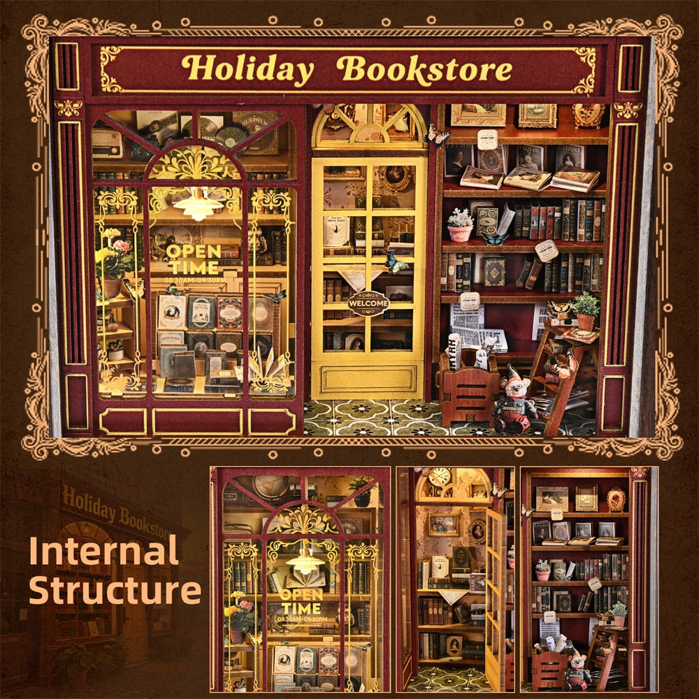 Book Nook Kit Holiday Bookstore DIY 3D Wooden Puzzle Dollhouse Photo frame ornament Model Bookend Building Home Decoration