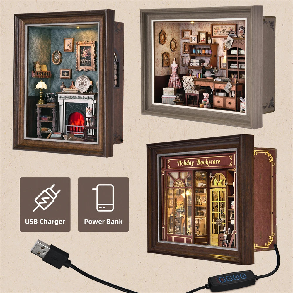 Book Nook Kit Holiday Bookstore DIY 3D Wooden Puzzle Dollhouse Photo frame ornament Model Bookend Building Home Decoration