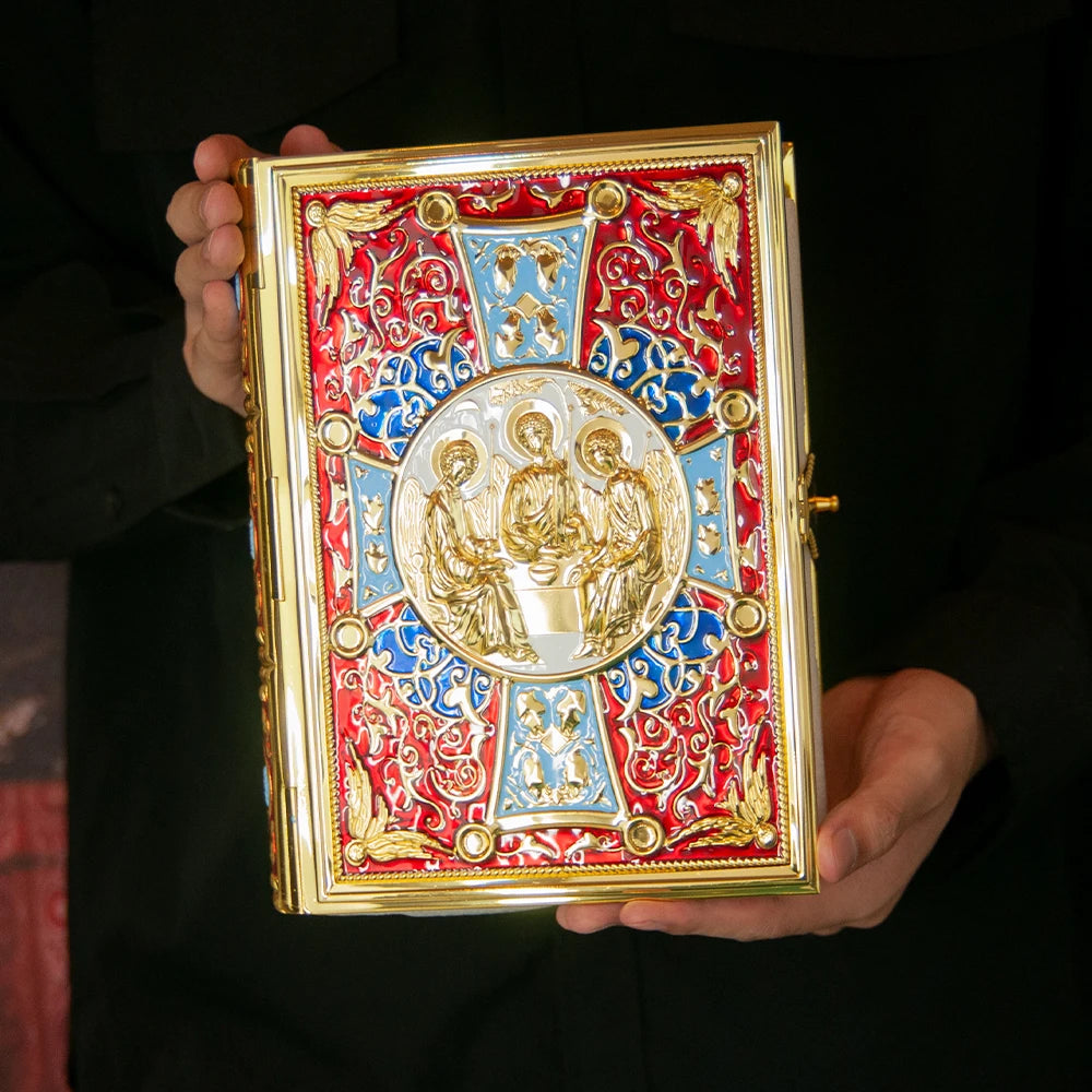 HTISOK 9.6" Orthodox Gospel Book Cover Gold Plated Enamel Trinity Icon Decorative Liturgical Orthodox Church Gospel Book Cover