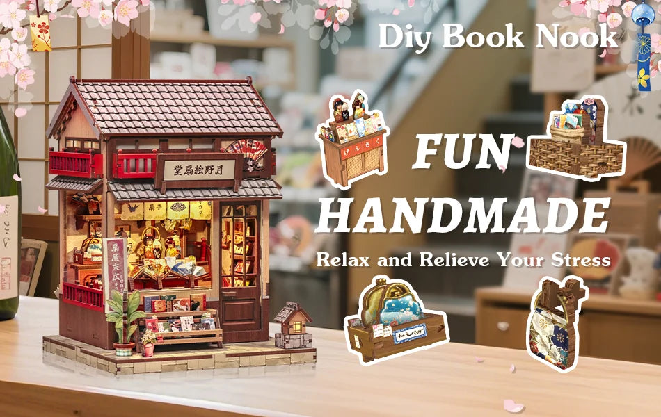 Cutebee DIY Book Nook Kit Miniature Dollhouse Bookshelf Insert Wooden Bookend 3D Building Model for Kid Gifts Japanese Style