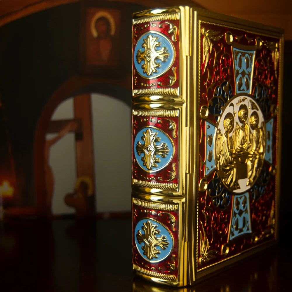 HTISOK 9.6" Orthodox Gospel Book Cover Gold Plated Enamel Trinity Icon Decorative Liturgical Orthodox Church Gospel Book Cover