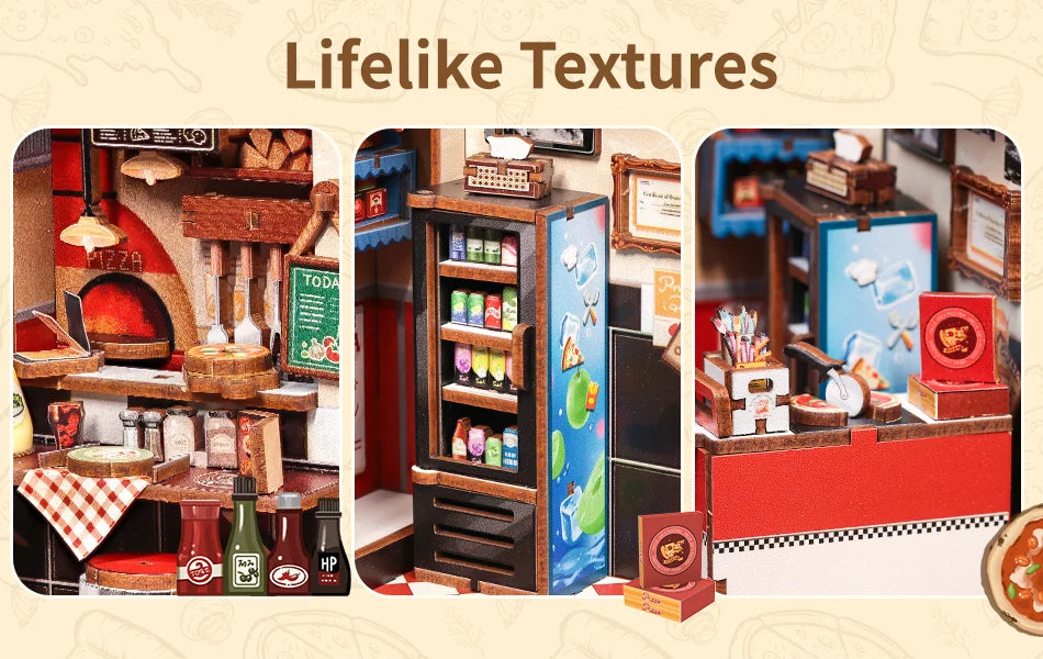 CUTEBEE Book Nook Kit DIY Doll House with LED Light Bookshelf Insert Uncle Joe's Pizzeria Miniature Model For Party Family Gift