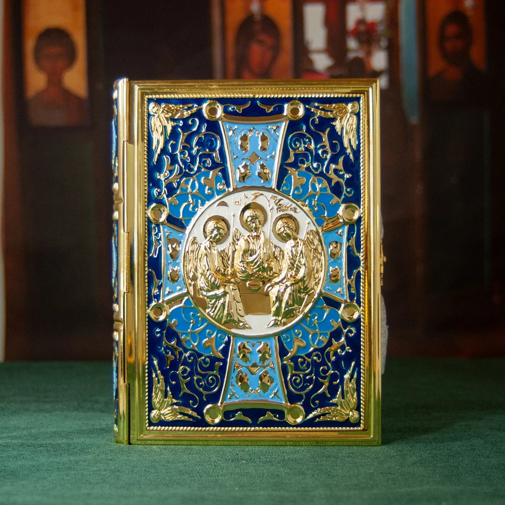 HTISOK 9.6" Orthodox Gospel Book Cover Gold Plated Enamel Trinity Icon Decorative Liturgical Orthodox Church Gospel Book Cover