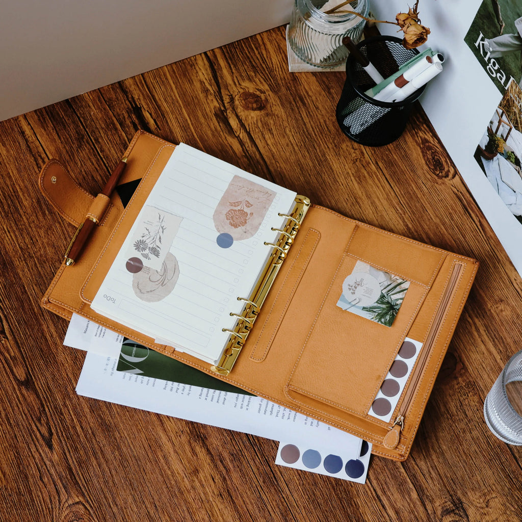 BURXXONG A5 Organizer Minerva Box Genuine Leather Journal Notebook,Stalogy Rings Planner Notebook with 30MM Binder Agenda Diary