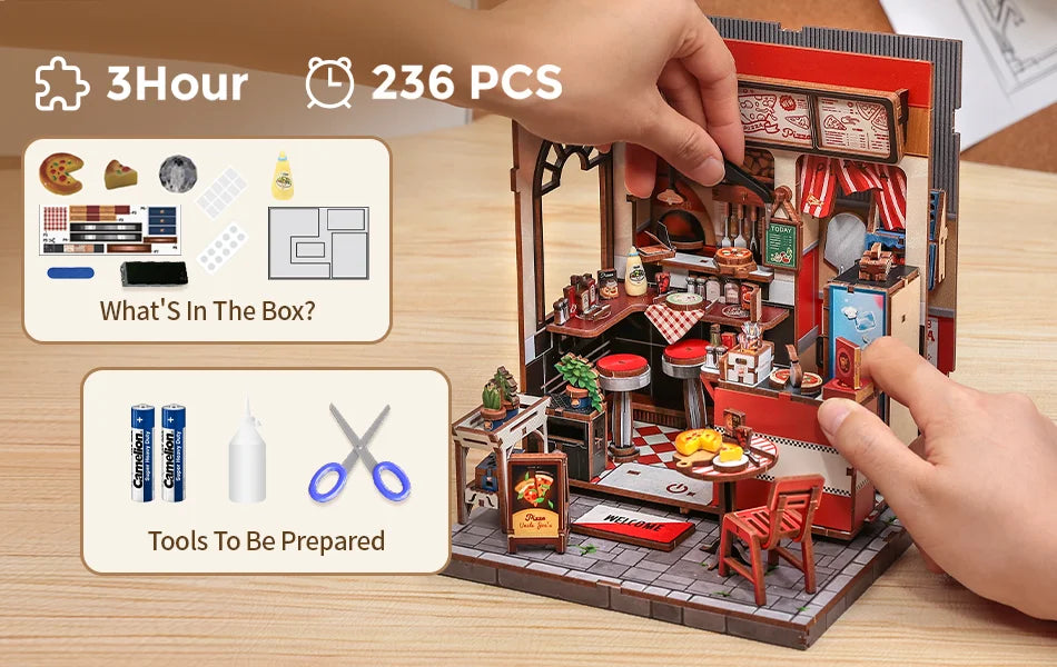 CUTEBEE Book Nook Kit DIY Doll House with LED Light Bookshelf Insert Uncle Joe's Pizzeria Miniature Model For Party Family Gift