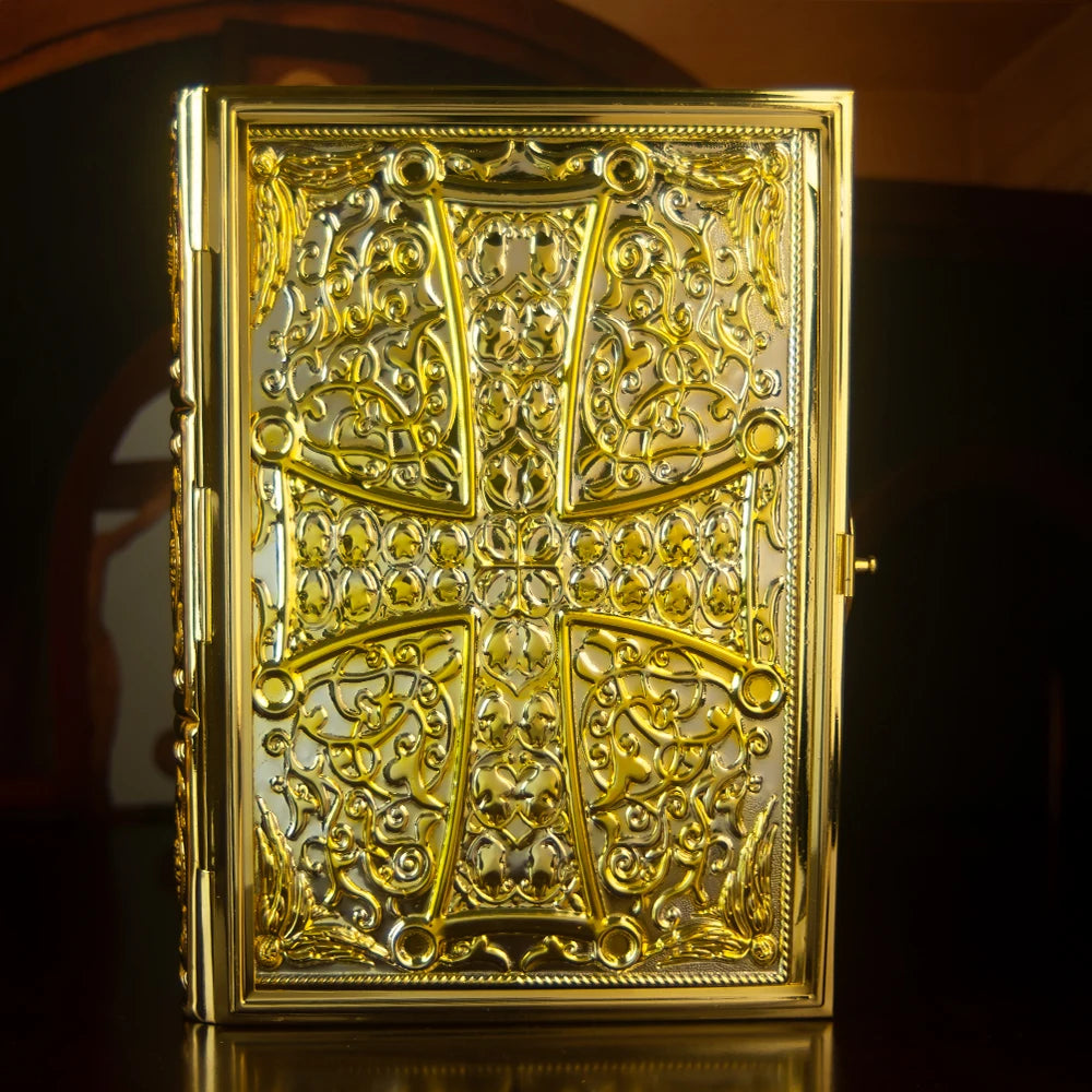 HTISOK 9.6" Orthodox Gospel Book Cover Gold Plated Enamel Trinity Icon Decorative Liturgical Orthodox Church Gospel Book Cover