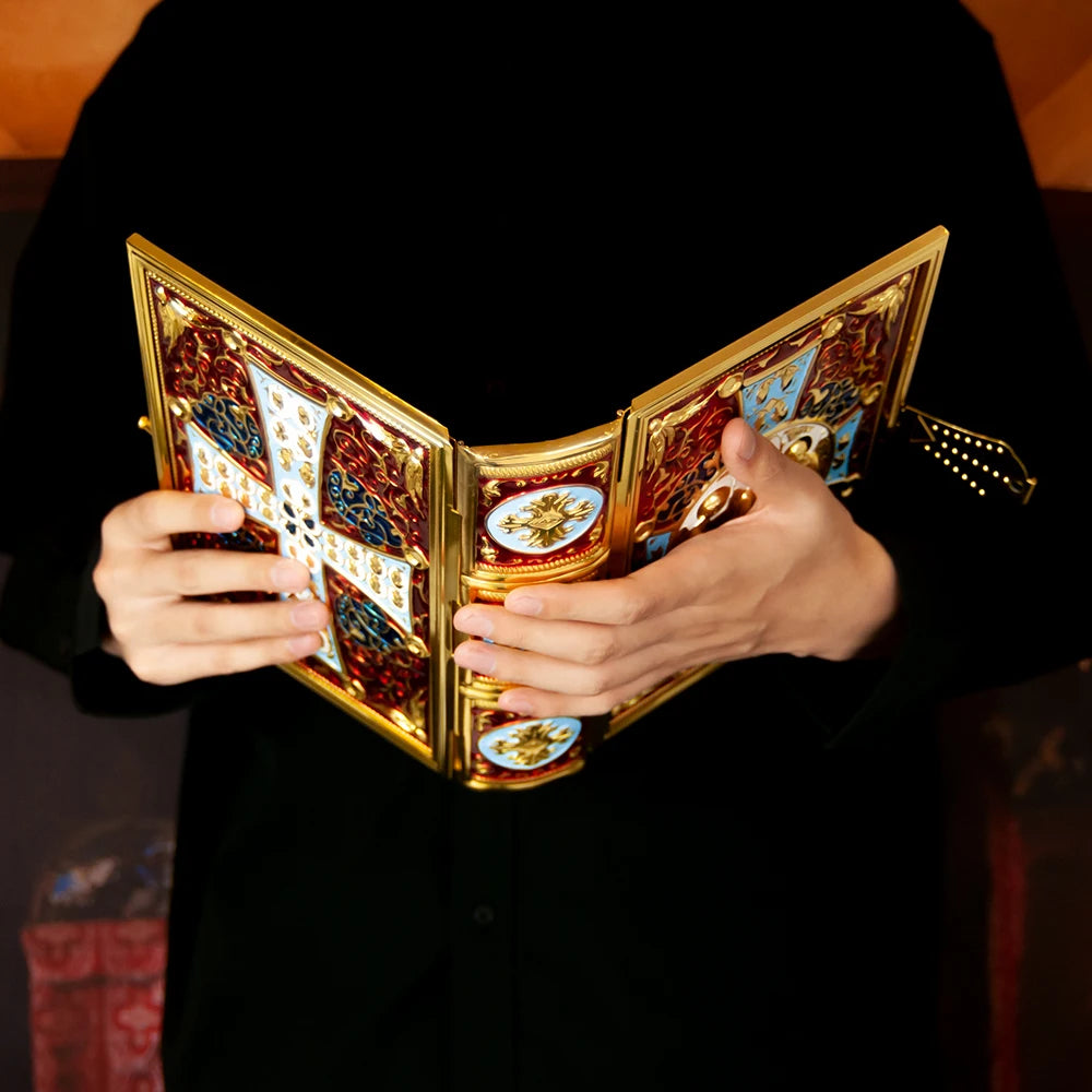 HTISOK 9.6" Orthodox Gospel Book Cover Gold Plated Enamel Trinity Icon Decorative Liturgical Orthodox Church Gospel Book Cover