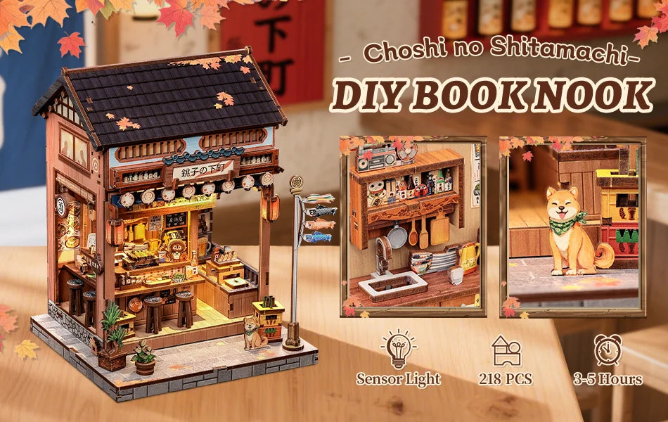 Cutebee DIY Book Nook Kit Miniature Dollhouse Bookshelf Insert Wooden Bookend 3D Building Model for Kid Gifts Japanese Style