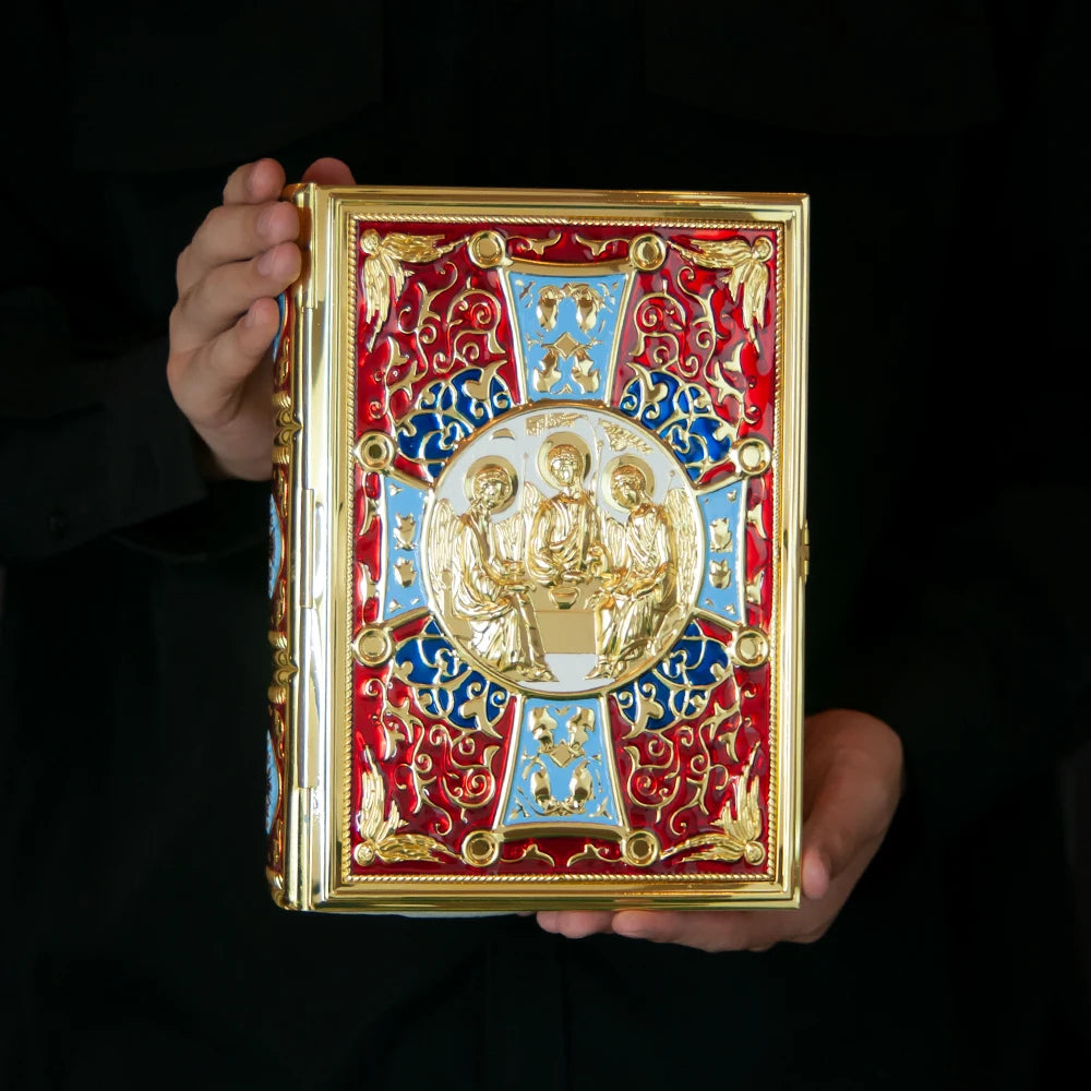 HTISOK 9.6" Orthodox Gospel Book Cover Gold Plated Enamel Trinity Icon Decorative Liturgical Orthodox Church Gospel Book Cover