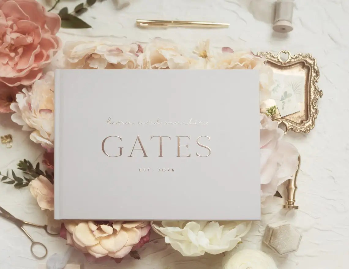 Personalized Modern Wedding Guest Book Minimalist Wedding Hardcover in Gold Custom name Anniversary Album Sign In Book