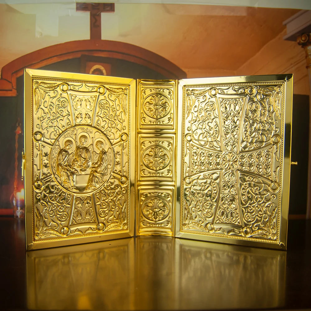 HTISOK 9.6" Orthodox Gospel Book Cover Gold Plated Enamel Trinity Icon Decorative Liturgical Orthodox Church Gospel Book Cover