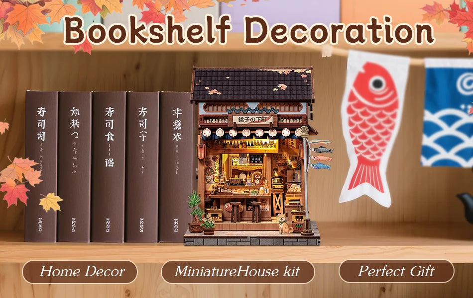 Cutebee DIY Book Nook Kit Miniature Dollhouse Bookshelf Insert Wooden Bookend 3D Building Model for Kid Gifts Japanese Style