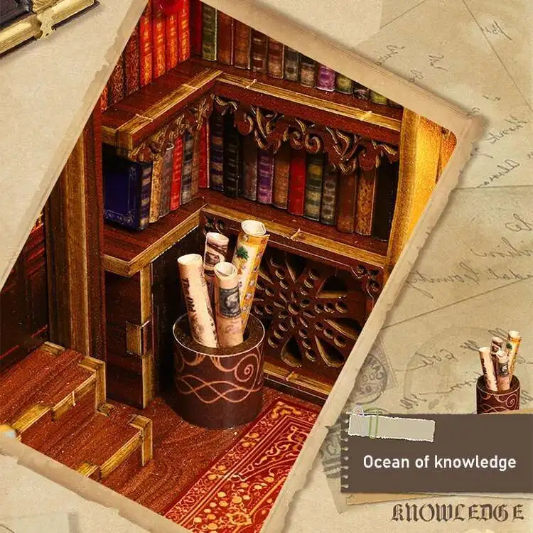 DIY Book Nook Kit Miniature Doll House With LED Light 3D Puzzle Model Building Wooden Bookshelf