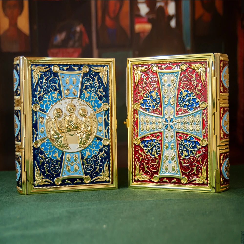 HTISOK 9.6" Orthodox Gospel Book Cover Gold Plated Enamel Trinity Icon Decorative Liturgical Orthodox Church Gospel Book Cover